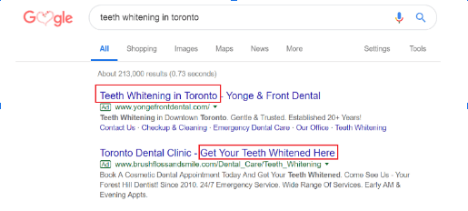 Google Text Ad Example for Dental Clinic