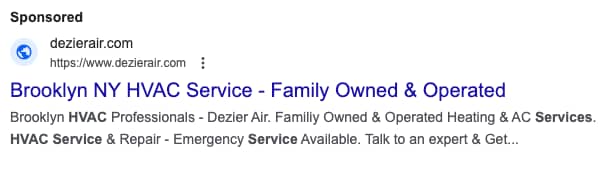 Google Ad Copy for HVAC Companies Example